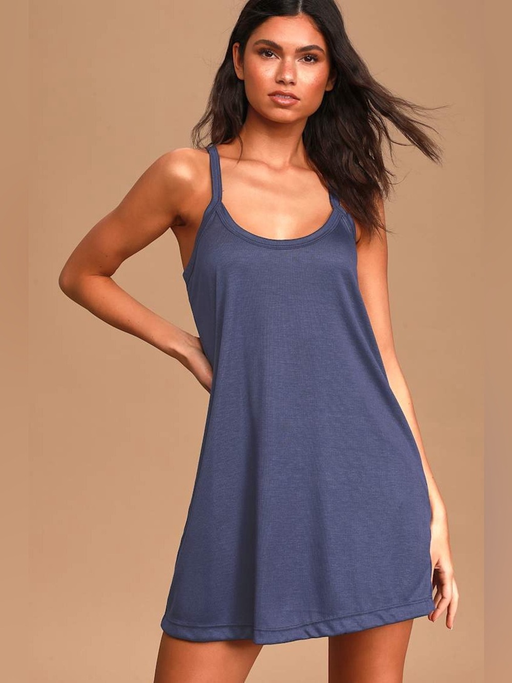 Chill Zone Navy Blue Ribbed Mini Swing Dress